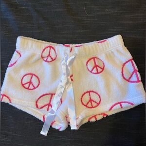 White Fleece comfy Shorts with Pink peace sign pattern with white satin tie belt